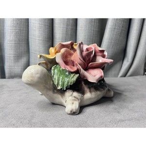 Capodimonte Turtle Figurine Rose Flowers Pink Yellow Orange Italy 9" Flaws READ